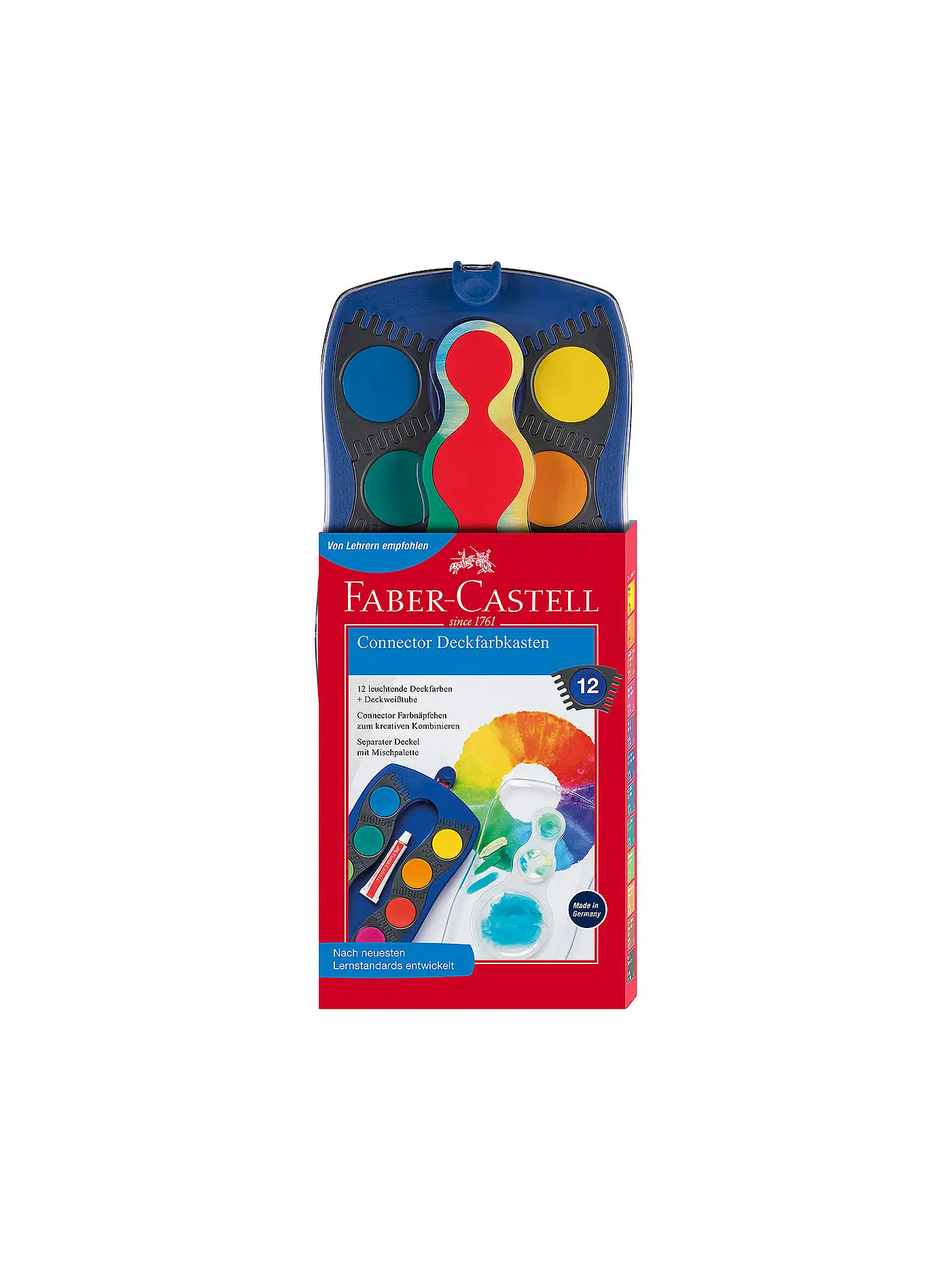 FABER-CASTELL | Connector Deckfarbkasten, blau, 12 Farben plus Deckweiß | 